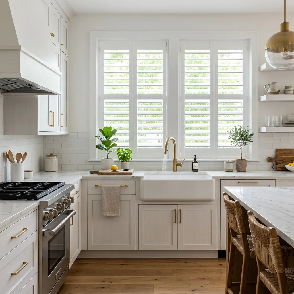 Warp-resistant white polywood plantation shutters providing solar sun block in Arizona kitchen