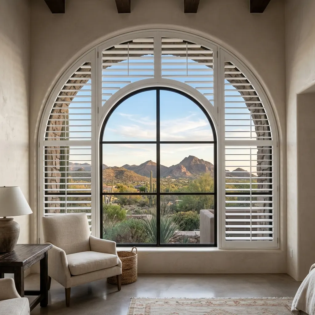 Bespoke specialty arched window plantation shutters maximizing energy efficiency in a Phoenix home