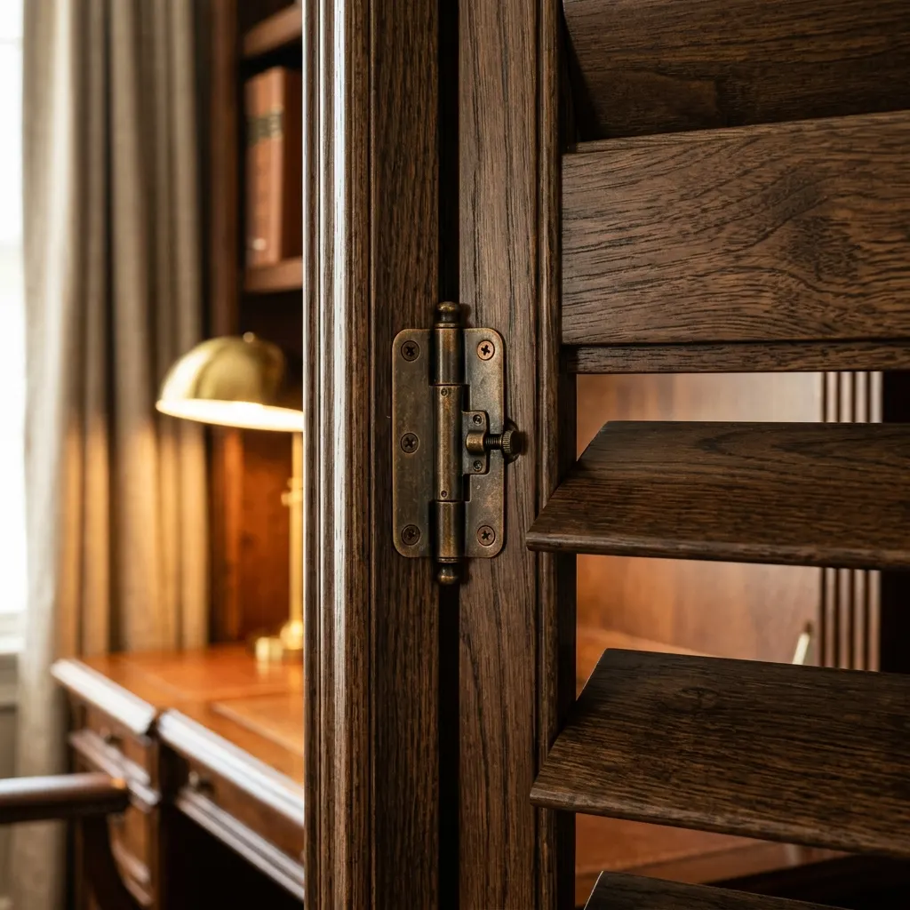 Classic stained wood plantation shutters custom built for Phoenix AZ home window framing